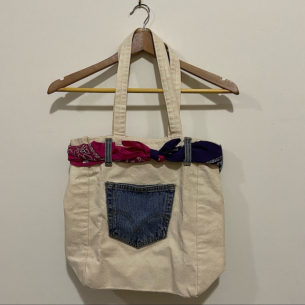 Handmade Denim Jeans Pocket Pink and Purple Bandana Tote Bag